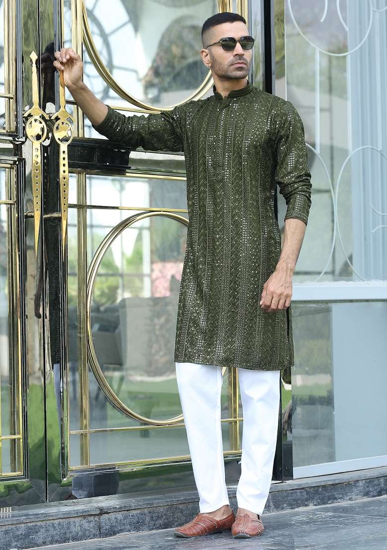 Olive Green Embroidered Rayon Kurta Set For Men - Indya