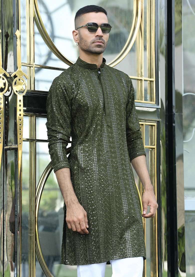 Olive Green Embroidered Rayon Kurta Set For Men - Indya