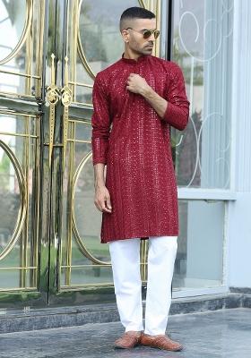 Maroon Embroidered Rayon Kurta Set For Men