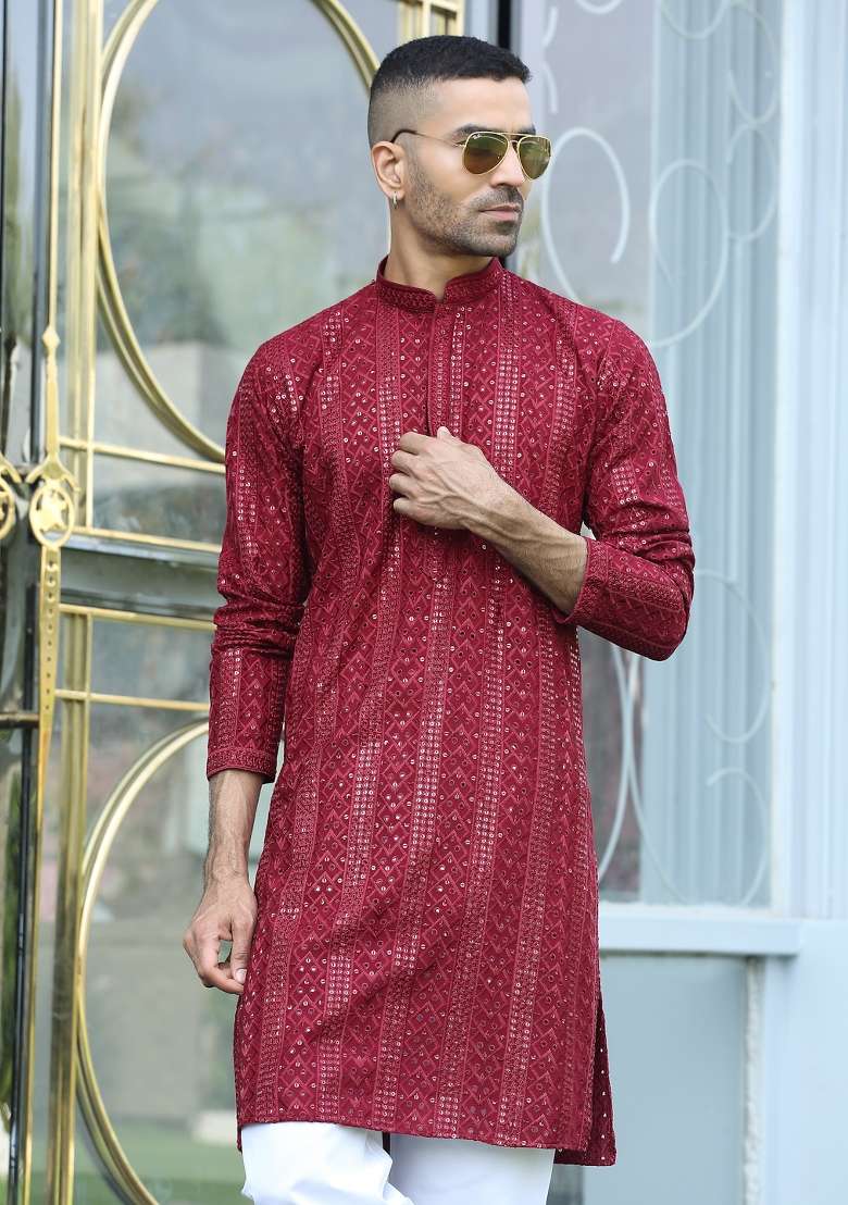Maroon Embroidered Rayon Kurta Set For Men - Indya