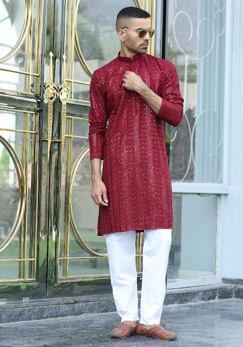 Maroon Embroidered Rayon Kurta Set For Men