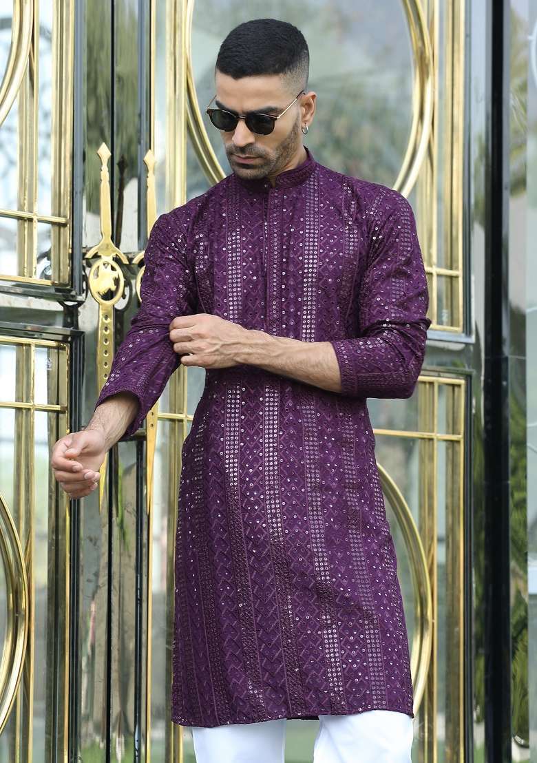 Purple Embroidered Rayon Kurta Set For Men - Indya
