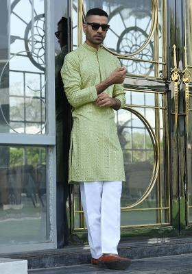 Green Embroidered Rayon Kurta Set For Men