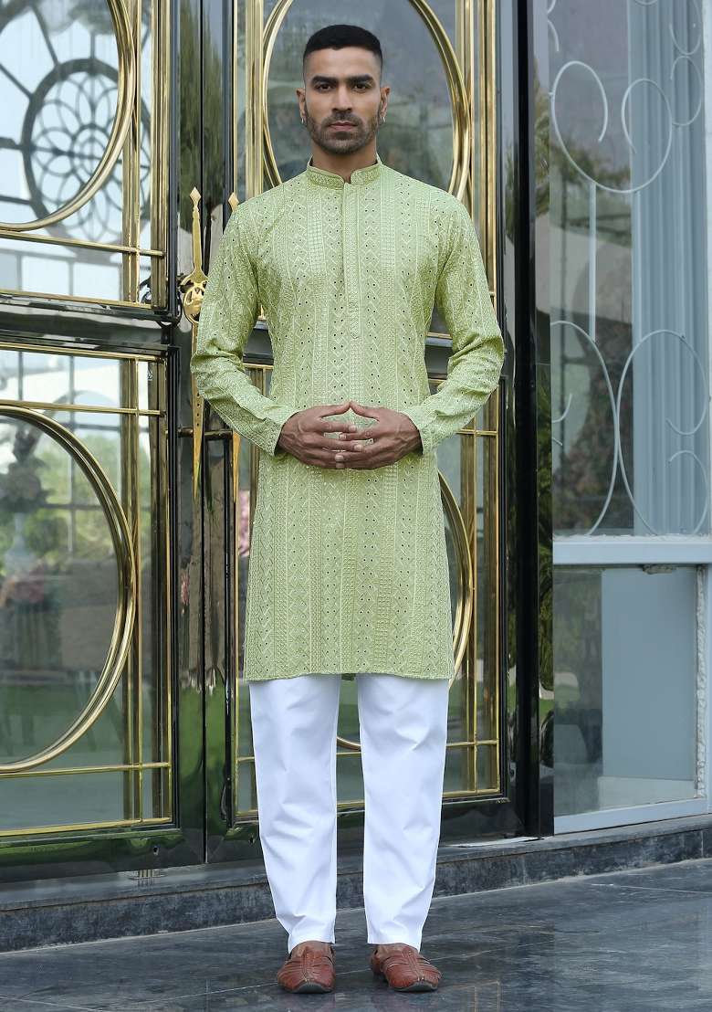 Green Embroidered Rayon Kurta Set For Men - Indya