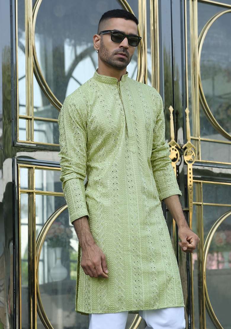 Green Embroidered Rayon Kurta Set For Men - Indya