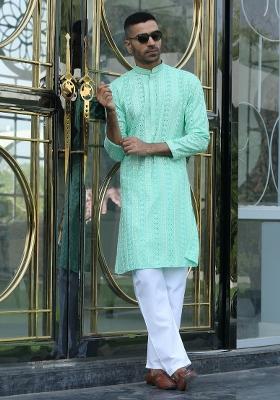 Sea Green Embroidered Rayon Kurta Set For Men