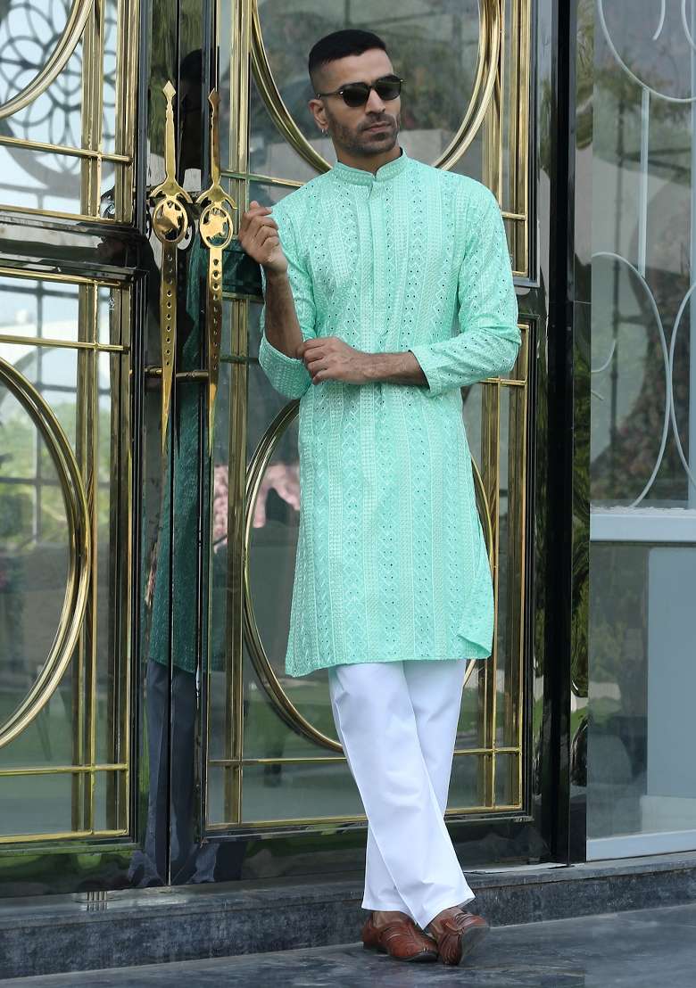 Sea Green Embroidered Rayon Kurta Set For Men - Indya