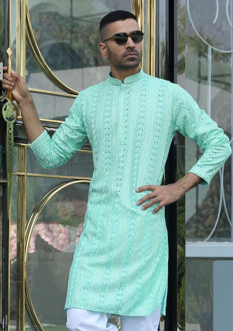 Sea Green Embroidered Rayon Kurta Set For Men - Indya
