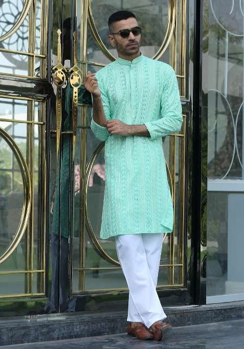 Sea Green Embroidered Rayon Kurta Set For Men