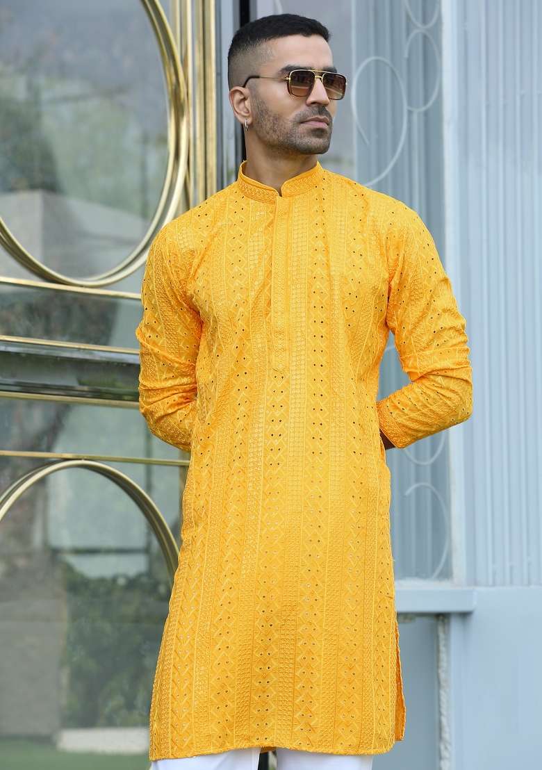 Yellow Embroidered Rayon Kurta Set For Men - Indya