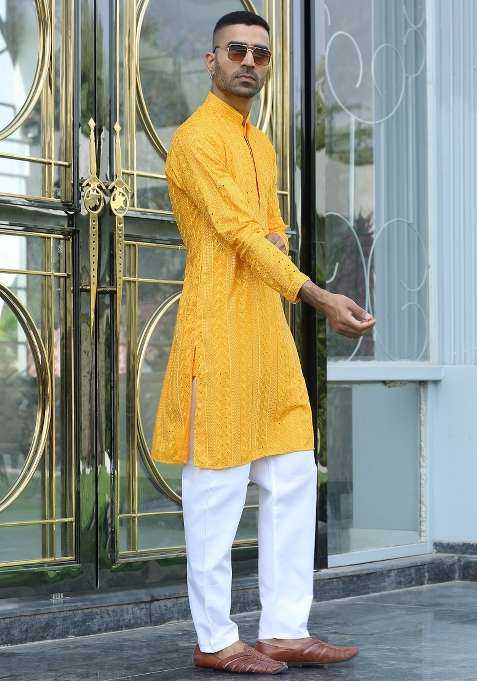 Yellow Embroidered Rayon Kurta Set For Men