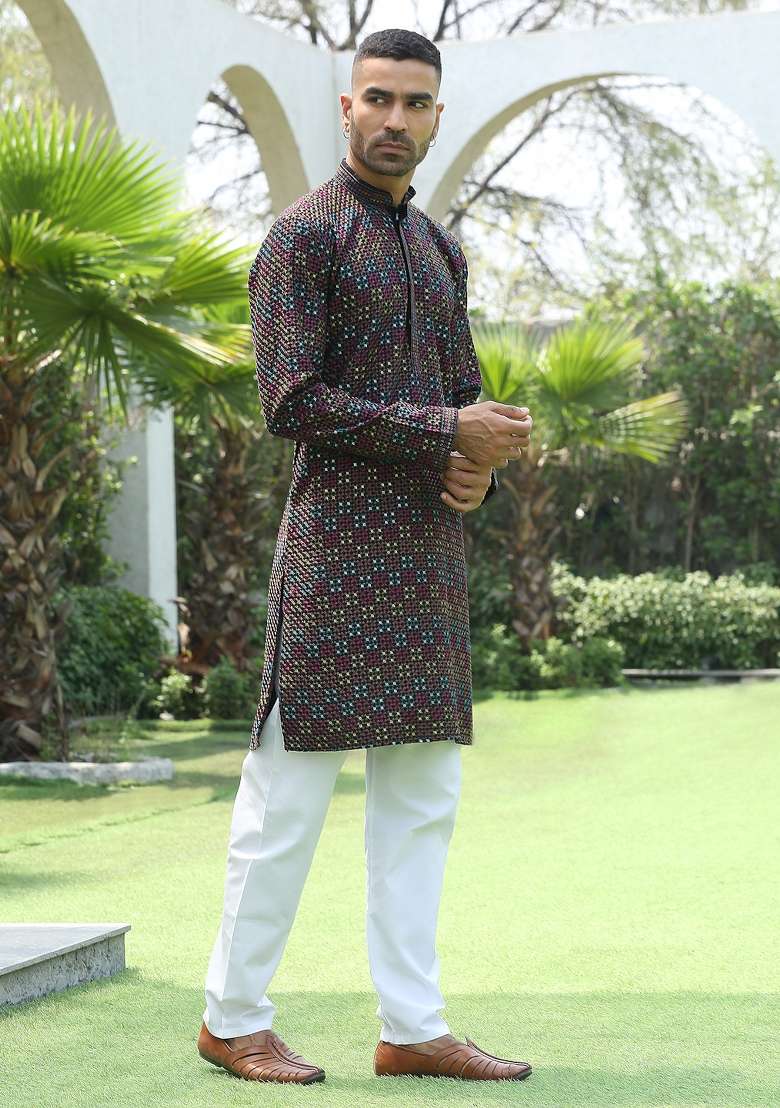 Black Embroidered Rayon Kurta Set For Men - Indya