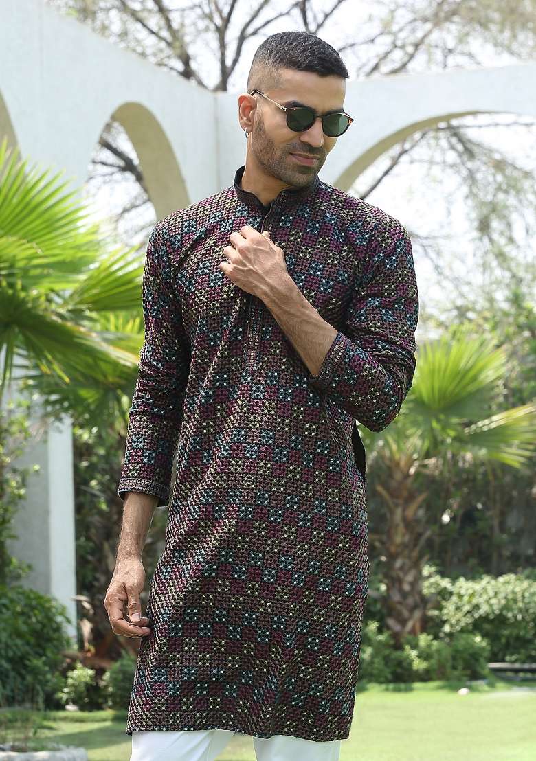 Black Embroidered Rayon Kurta Set For Men - Indya