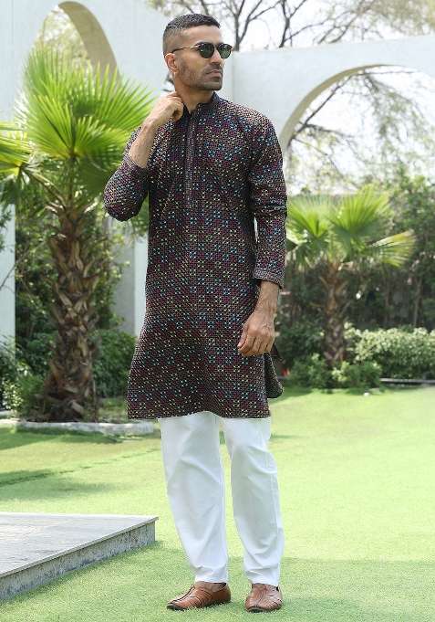 Black Embroidered Rayon Kurta Set For Men