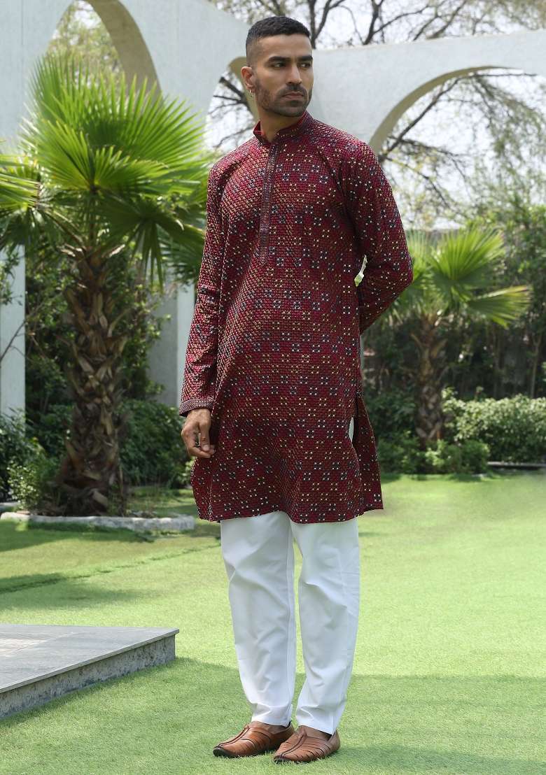 Maroon Embroidered Rayon Kurta Set For Men - Indya