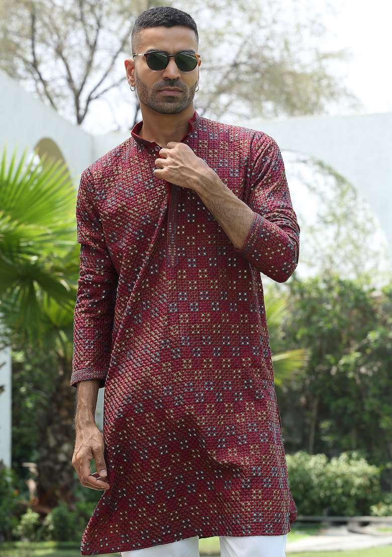 Maroon Embroidered Rayon Kurta Set For Men - Indya