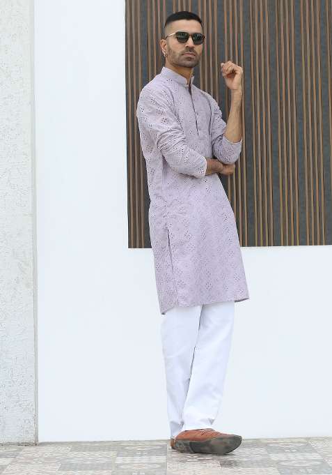 Mauve Embroidered Cotton Blend Kurta Set For Men