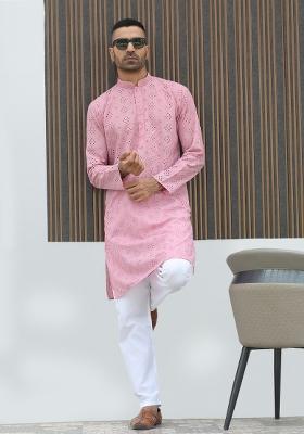 Pink Embroidered Cotton Blend Kurta Set For Men