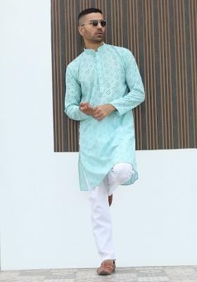 Sky Blue Embroidered Cotton Blend Kurta Set For Men