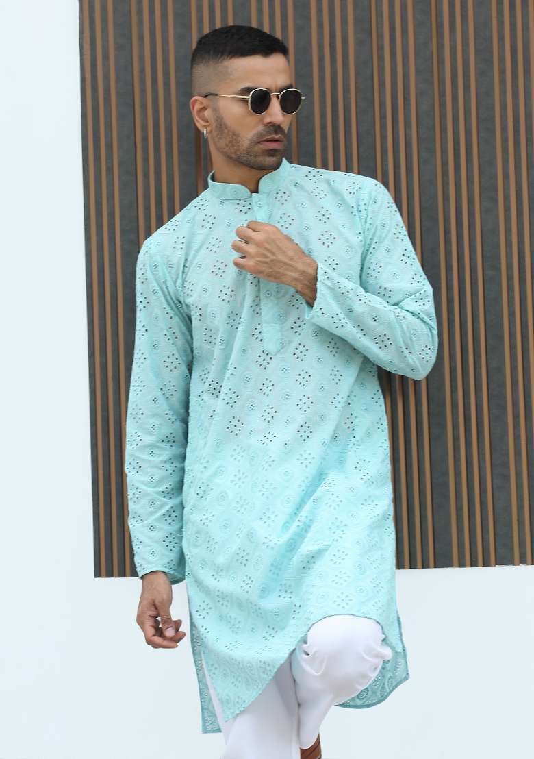 Sky Blue Embroidered Cotton Blend Kurta Set For Men - Indya