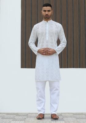 White Embroidered Cotton Blend Kurta Set For Men