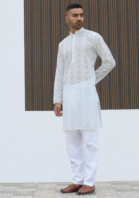 thumbnail image 2 of Men's Cotton Blend Embroidered Long Kurta – Regular Fit, Mandarin Collar, Knee Length For Festive & Wedding Wear 2 of 2