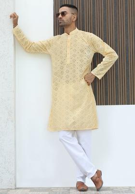 Yellow Embroidered Cotton Blend Kurta Set For Men
