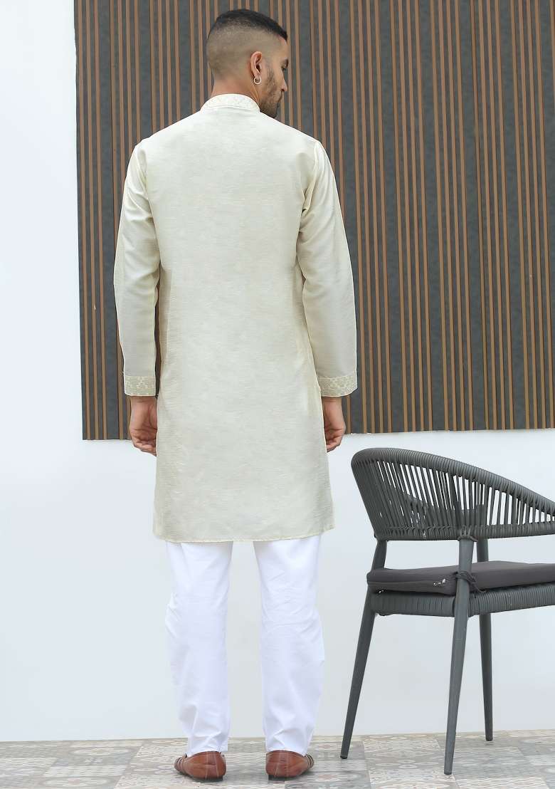 Cream Embroidered Silk Blend Kurta Set For Men - Indya