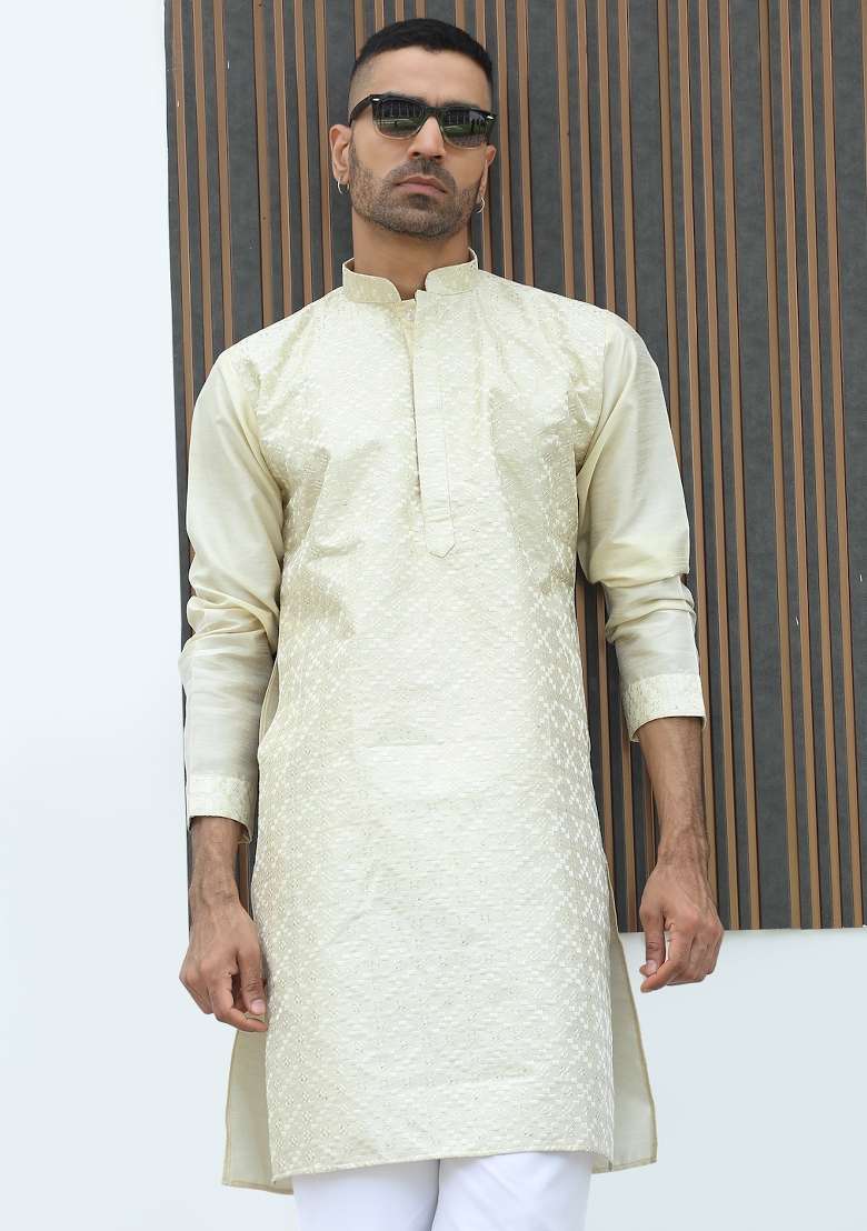 Cream Embroidered Silk Blend Kurta Set For Men - Indya