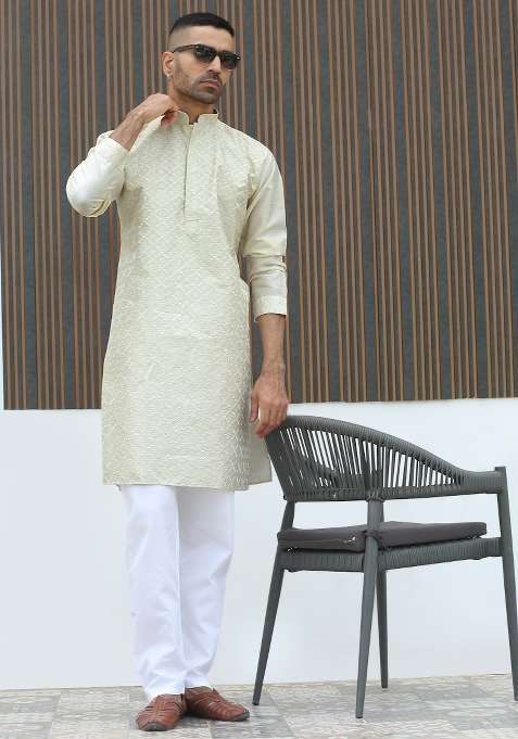 Cream Embroidered Silk Blend Kurta Set For Men