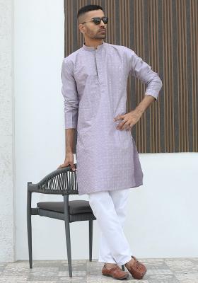 Mauve Embroidered Silk Blend Kurta Set For Men