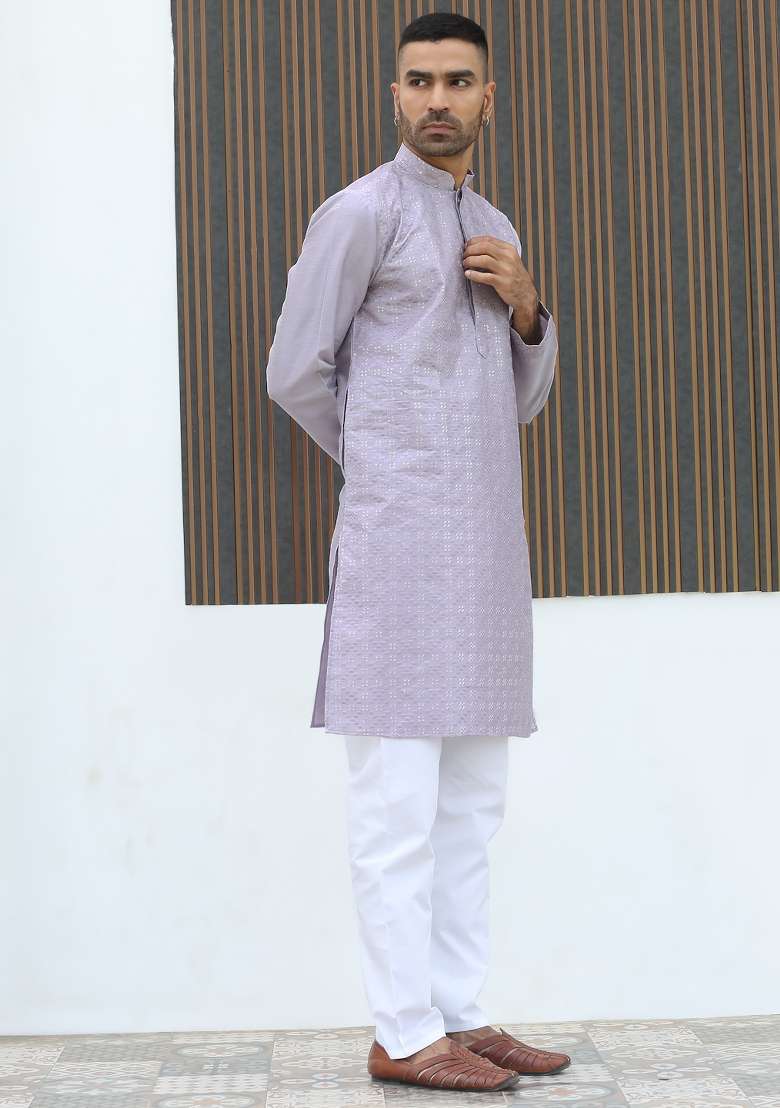 Mauve Embroidered Silk Blend Kurta Set For Men - Indya
