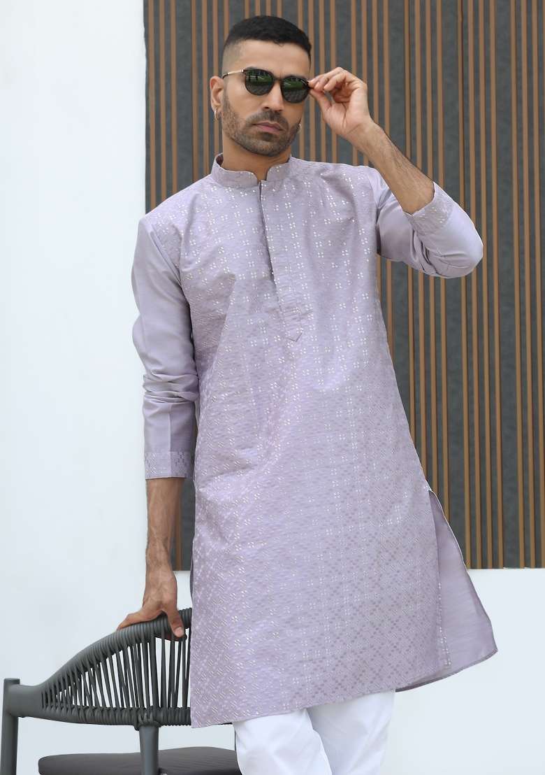 Mauve Embroidered Silk Blend Kurta Set For Men - Indya