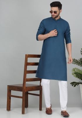 Blue Solid Cotton Blend Kurta Set For Men