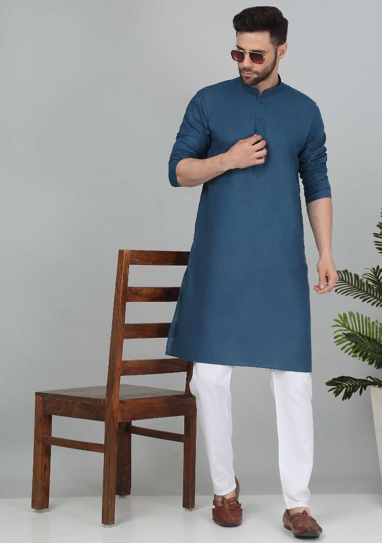 Blue Solid Cotton Blend Kurta Set For Men - Indya