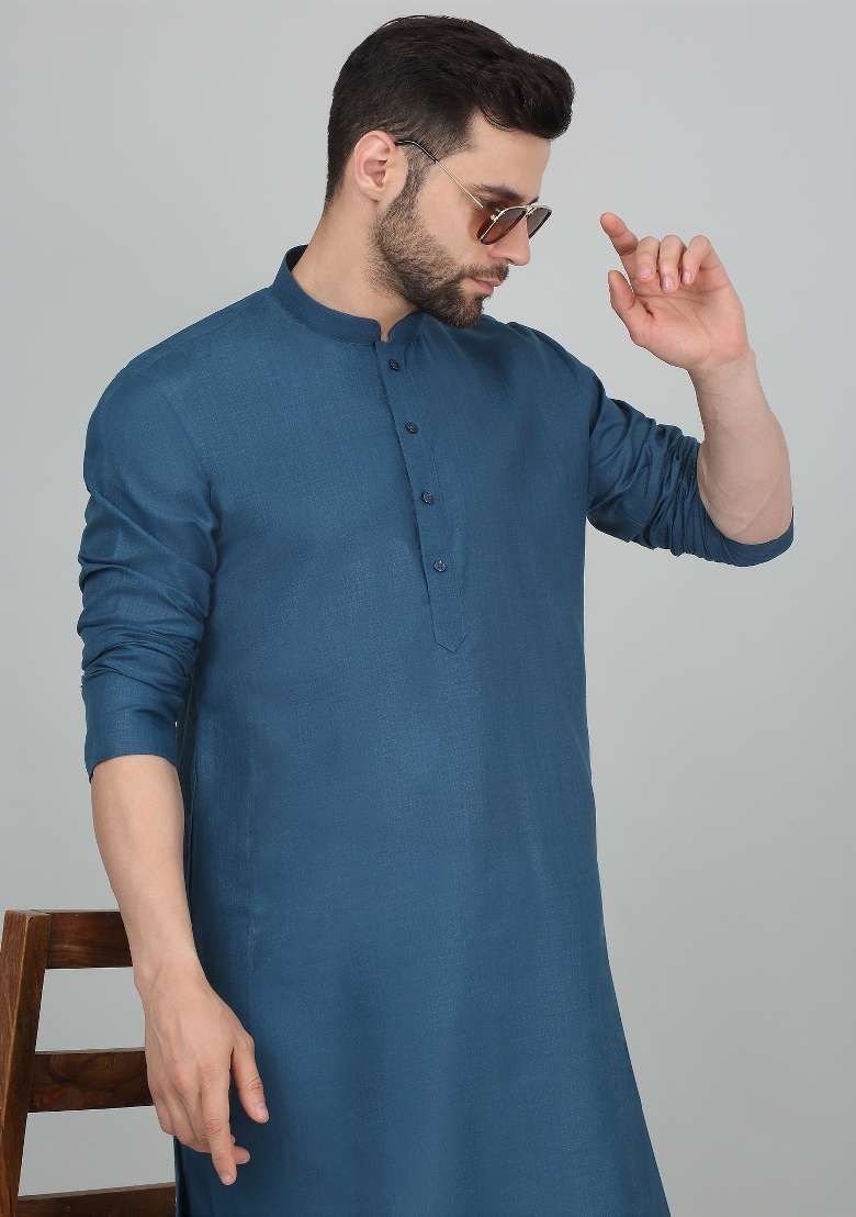 Blue Solid Cotton Blend Kurta Set For Men - Indya