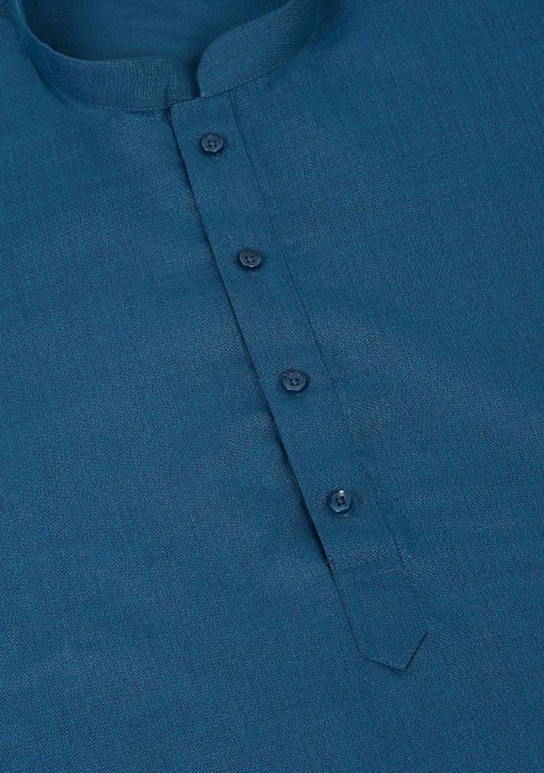 Blue Solid Cotton Blend Kurta Set For Men - Indya