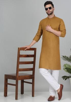 Mustard Yellow Solid Cotton Blend Kurta Set For Men