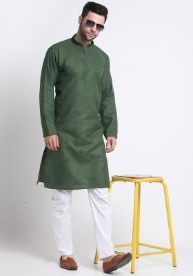 Green Solid Cotton Blend Kurta Set For Men