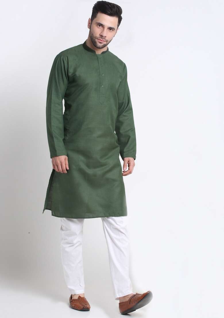 Green Solid Cotton Blend Kurta Set For Men - Indya