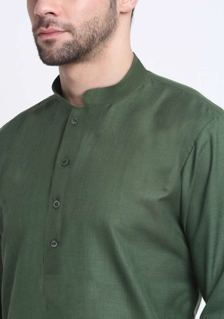 Green Solid Cotton Blend Kurta Set For Men - Indya