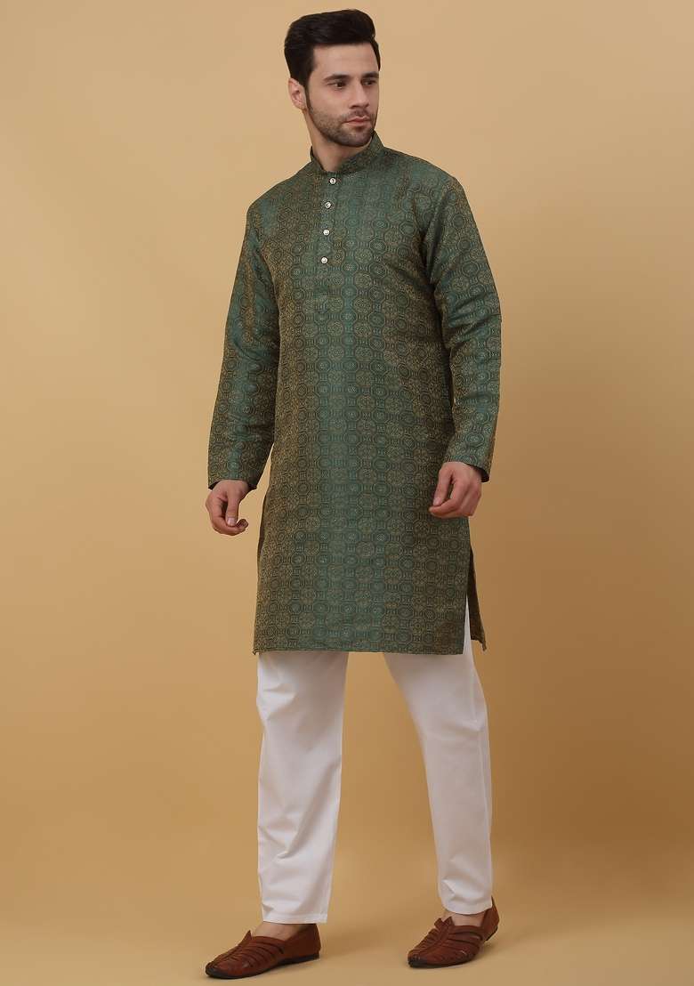 Green Woven Silk Blend Kurta Set For Men - Indya