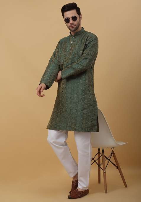 Green Woven Silk Blend Kurta Set For Men