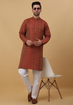 Maroon Woven Silk Blend Kurta Set For Men
