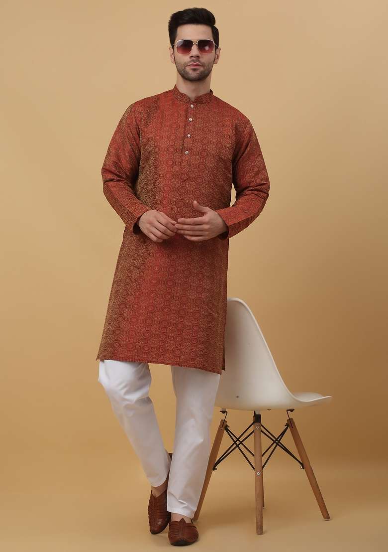Maroon Woven Silk Blend Kurta Set For Men - Indya