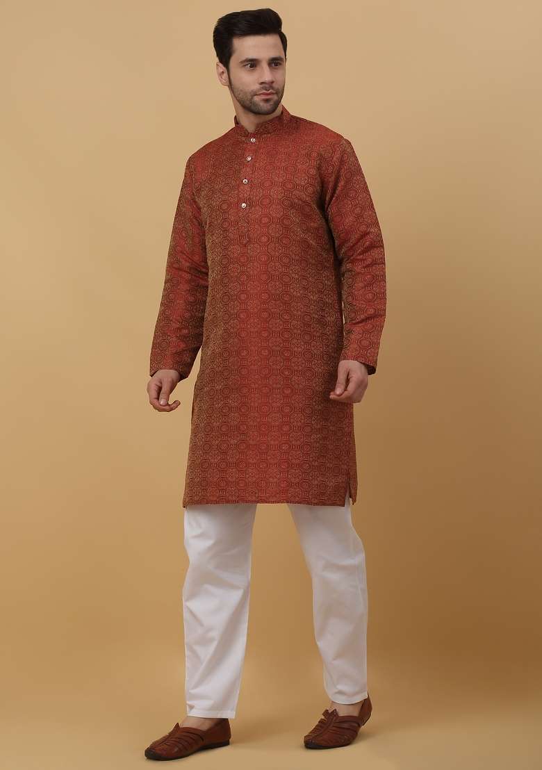 Maroon Woven Silk Blend Kurta Set For Men - Indya
