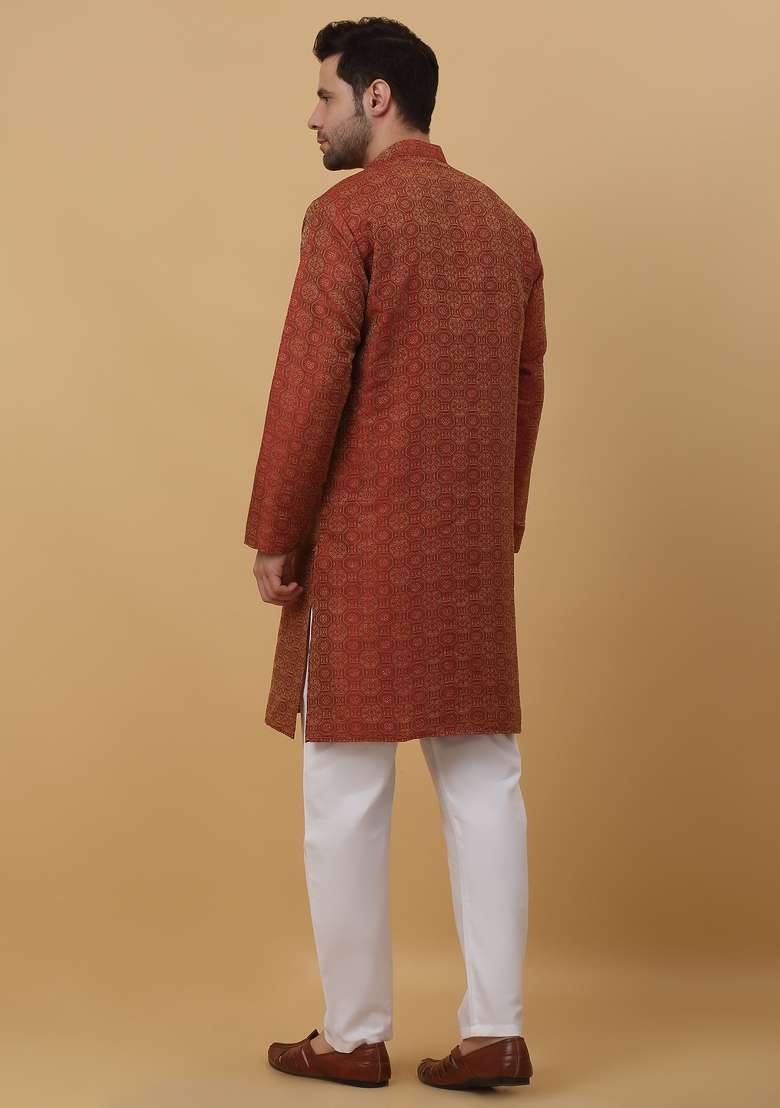 Maroon Woven Silk Blend Kurta Set For Men - Indya