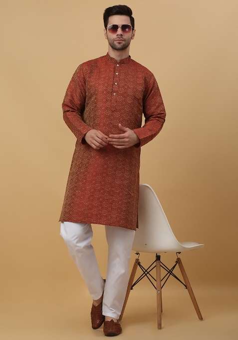 Maroon Woven Silk Blend Kurta Set For Men