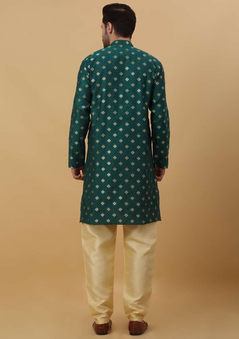 Green Woven Silk Blend Kurta Set For Men - Indya