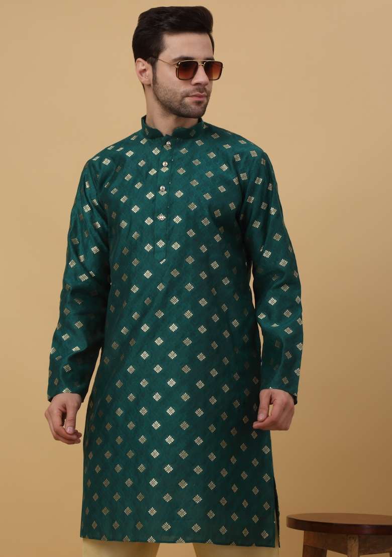 Green Woven Silk Blend Kurta Set For Men - Indya